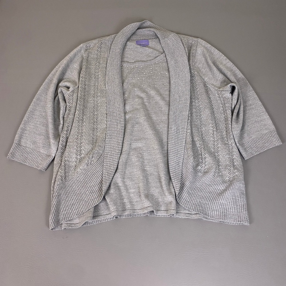 Laura Scott Cardigan Tank Twin Set Women's Size 2X Silver Metallic Rhinestone
